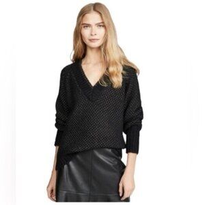 Veronica Beard Mirnie Metallic V-Neck Long Relaxed Oversized Sweater Black Large